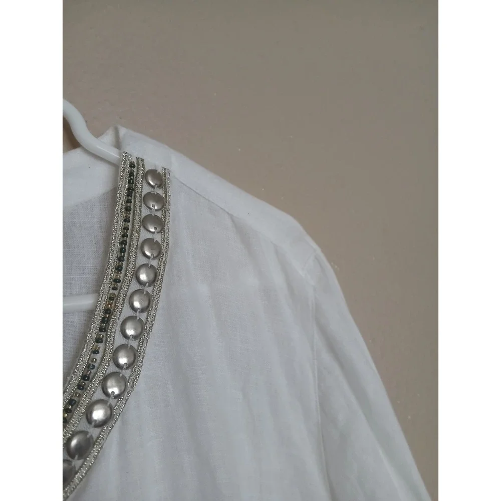 J Jill Top XL Love Linen Tunic Embroidered Cottage Hippie Peasant Boho Bohemian